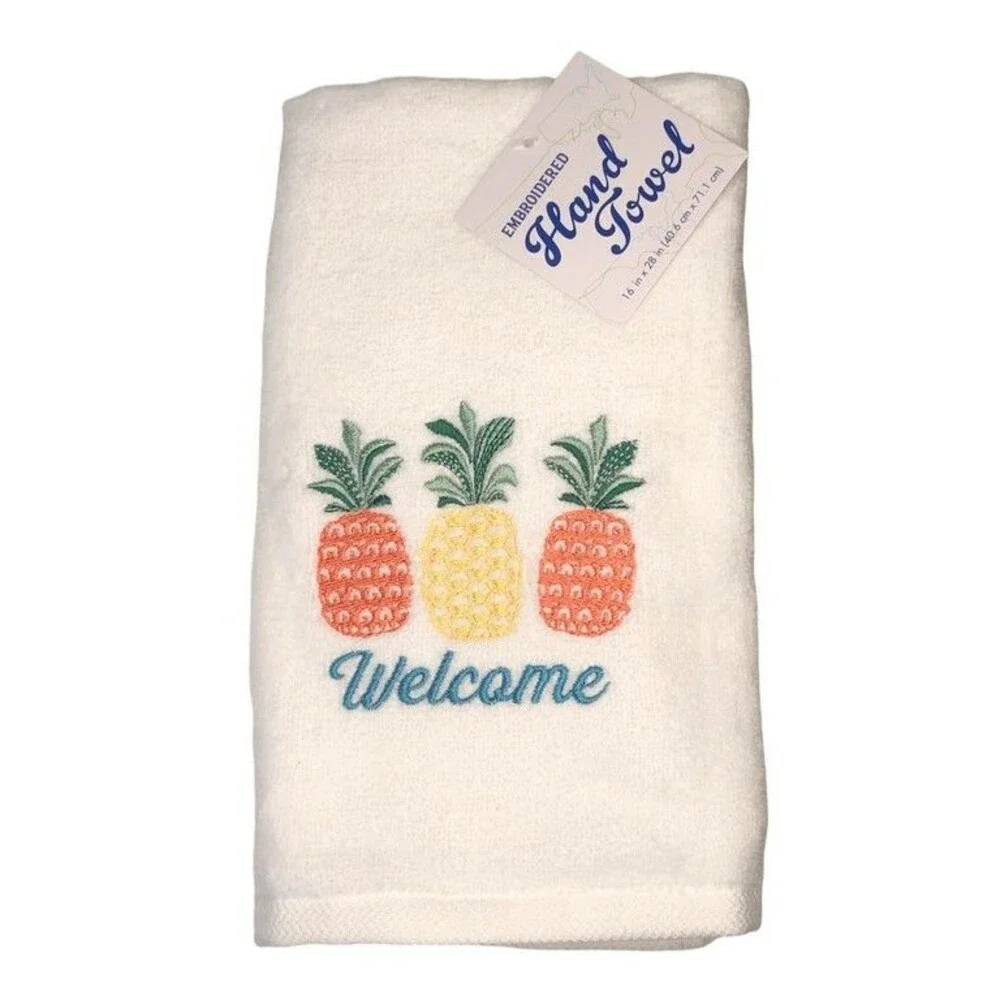 Welcome Pineapple Hand Towels Embroidered Bath Summer Beach House Set of 2
